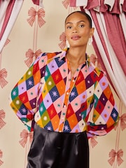Love & Roses X Kate Fox Harlequin Print Button Through Long Sleeve Shirt - Image 4 of 5