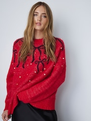 Red Long Sleeve Pearl and Bow Long Sleeve Knit Jumper - Image 1 of 8