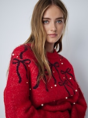 Red Long Sleeve Pearl and Bow Long Sleeve Knit Jumper - Image 4 of 8
