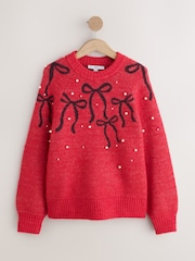 Red Long Sleeve Pearl and Bow Long Sleeve Knit Jumper - Image 6 of 8