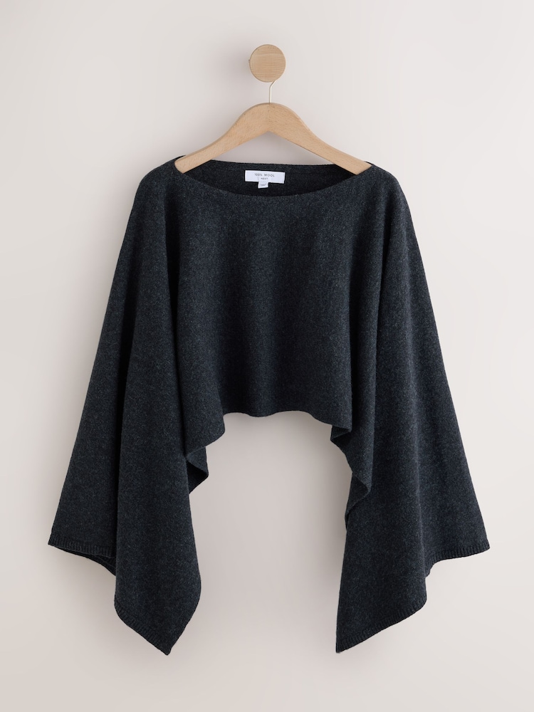 Charcoal Grey N. Premium Merino Wool Knit Cape Poncho - Image 1 of 3