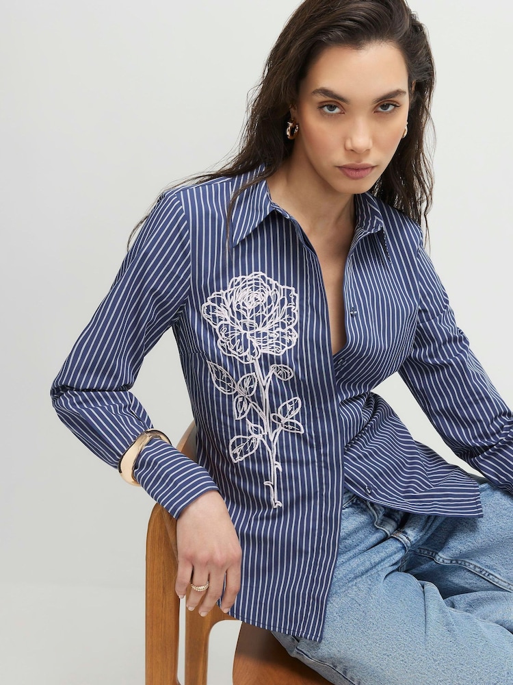 River Island Blue Embroidered Motif Long Sleeve Shirt - Image 4 of 4