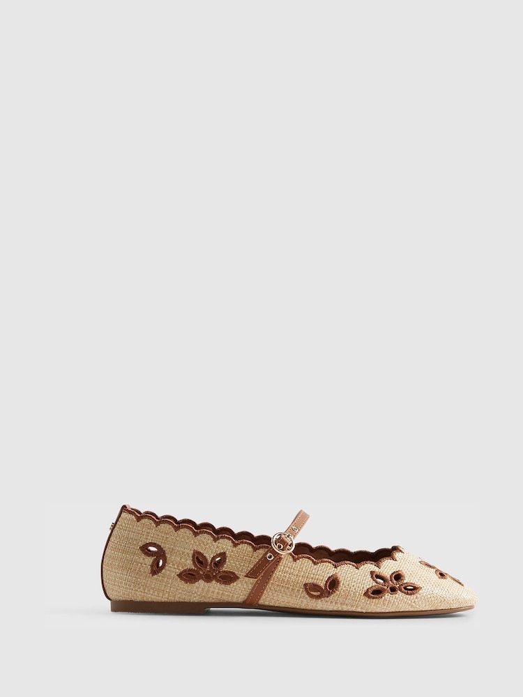 River Island Cream Scallop Edge Broderie Ballet Flat Shoes - Image 1 of 6