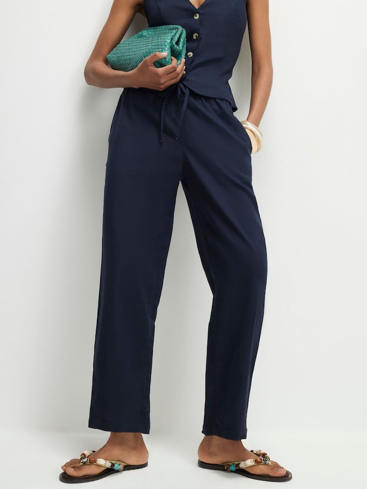 River Island Blue Linen Blend Tapered Trousers - Image 1 of 4