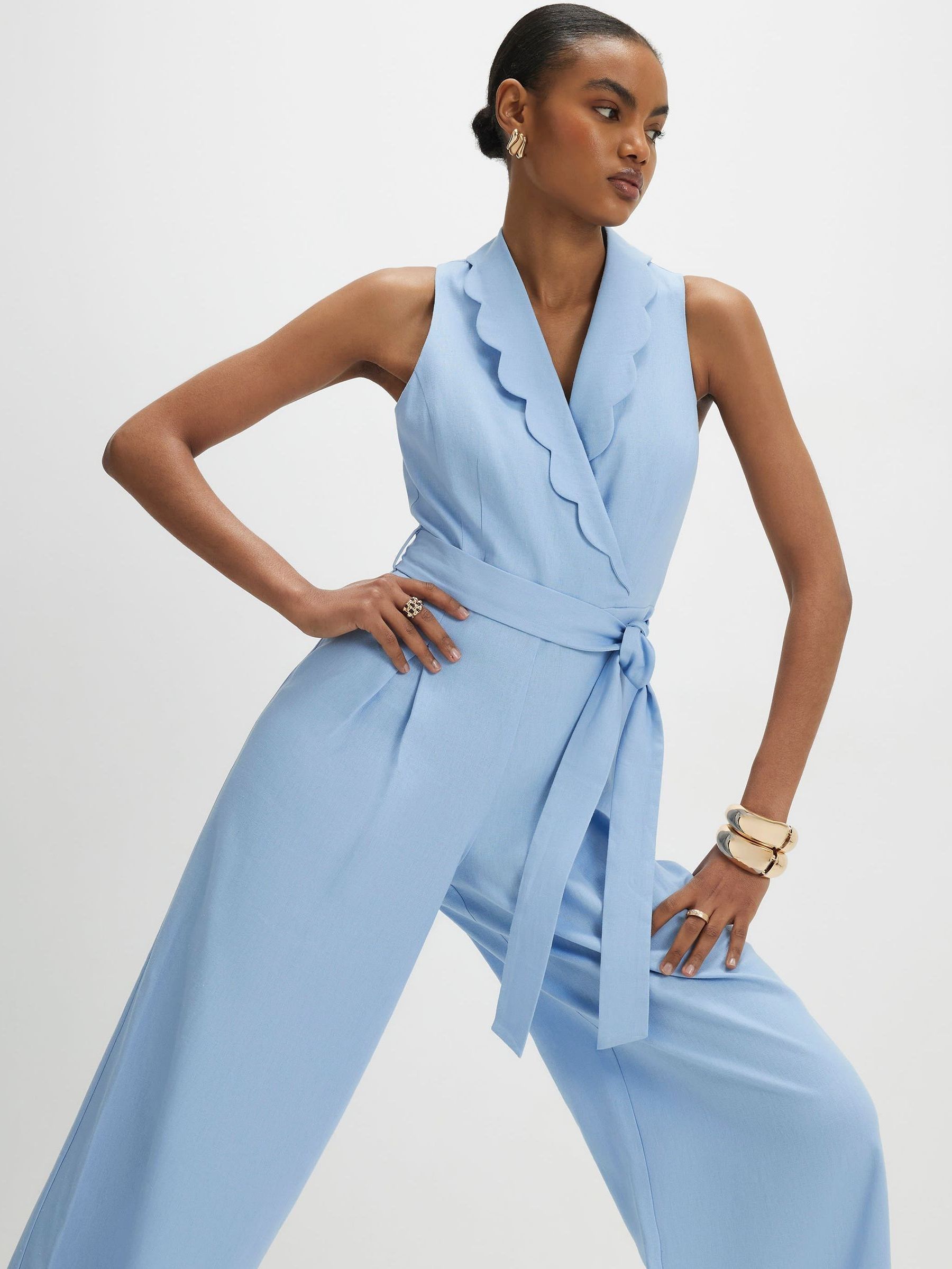 Buy River Island Blue Scallop Collar Linen Blend Jumpsuit from