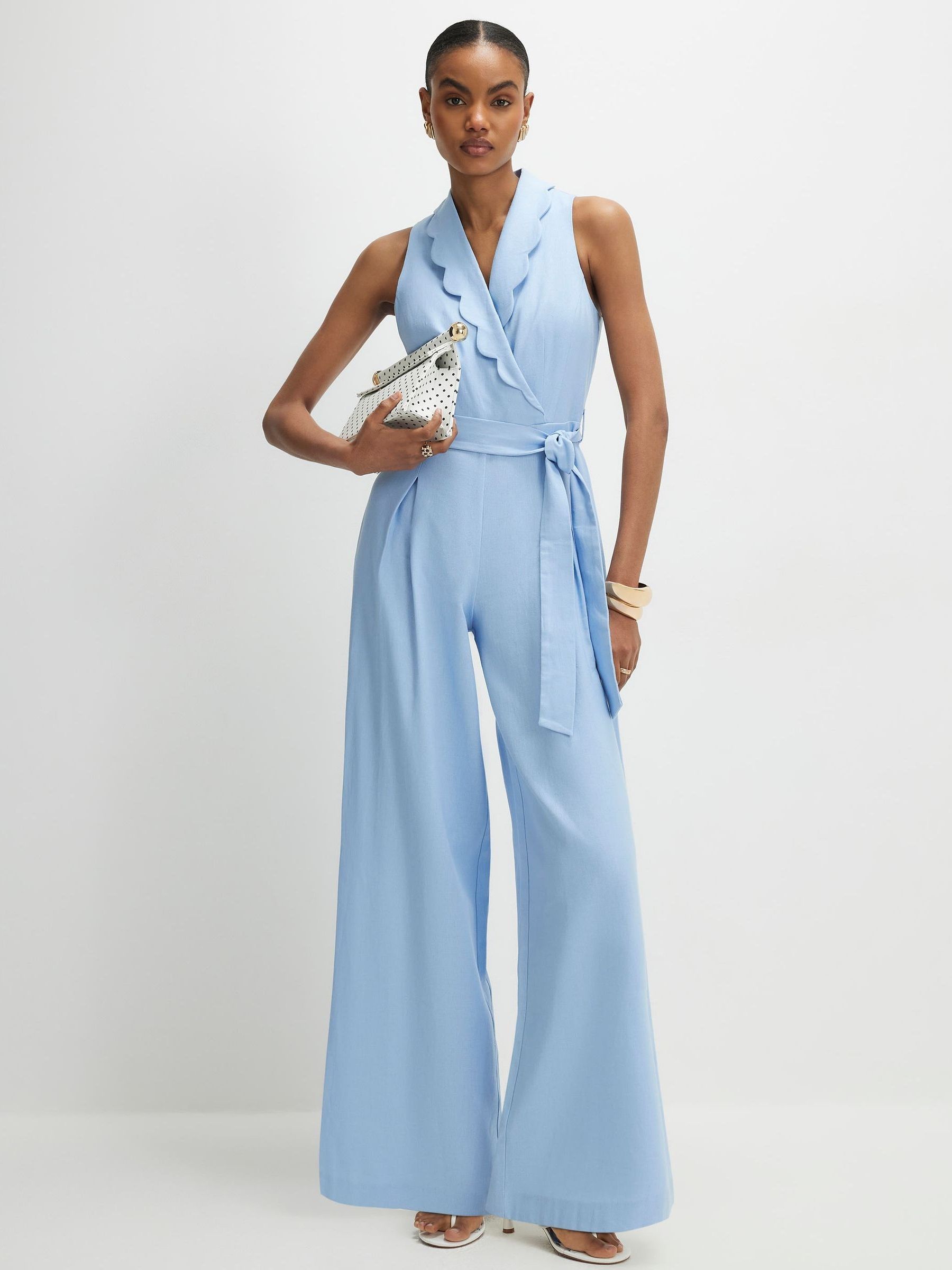 Buy River Island Blue Scallop Collar Linen Blend Jumpsuit from