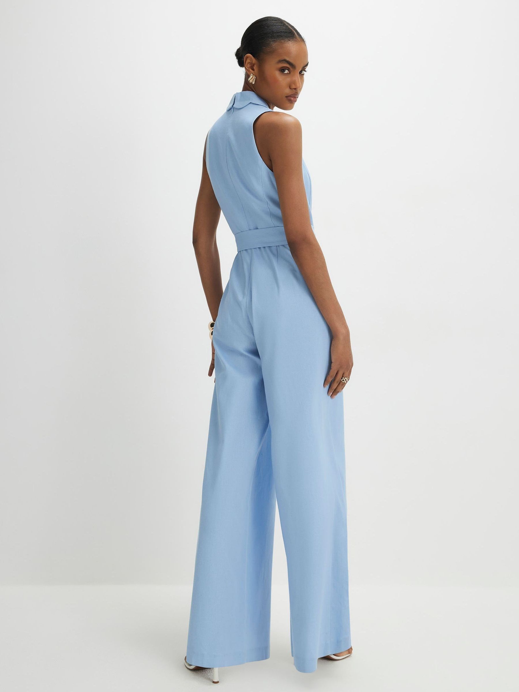 Buy River Island Blue Scallop Collar Linen Blend Jumpsuit from
