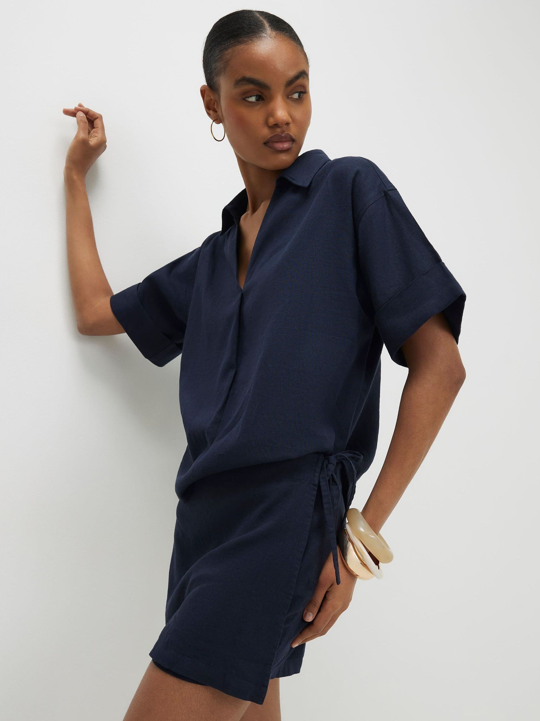 Buy River Island Navy Blue Tie Side Linen Blend Wrap Skirt from