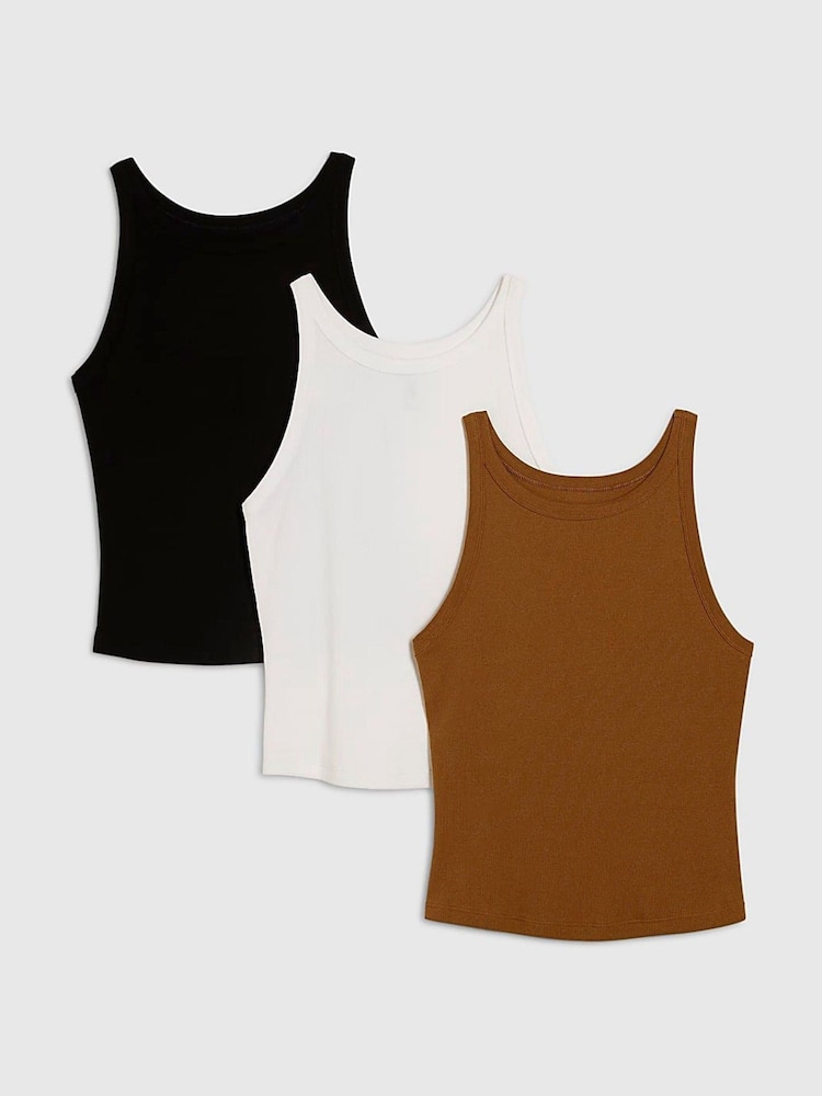 River Island Black/White/Mocha Sleeveless Ribbed Vests 3 Pack - Image 1 of 5 River Island Black/White/Mocha Sleeveless Ribbed Vests 3 Pack - Image 1 of 5