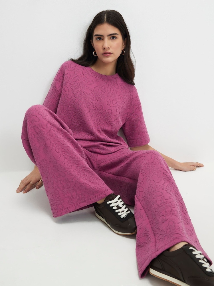 River Island Pink Petite Jacquard Wide Leg Trousers - Image 2 of 4 River Island Pink Petite Jacquard Wide Leg Trousers - Image 2 of 4