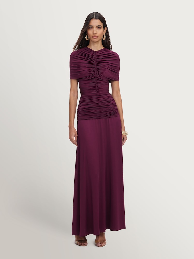 Self-Portrait Red Burgundy Jersey Gathered Midi Dress - Image 1 of 5 Self-Portrait Red Burgundy Jersey Gathered Midi Dress - Image 1 of 5