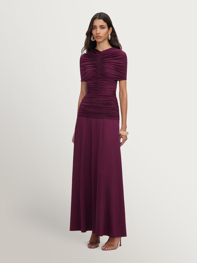 Self-Portrait Red Burgundy Jersey Gathered Midi Dress - Image 2 of 5 Self-Portrait Red Burgundy Jersey Gathered Midi Dress - Image 2 of 5