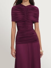 Self-Portrait Red Burgundy Jersey Gathered Midi Dress - Image 4 of 5
