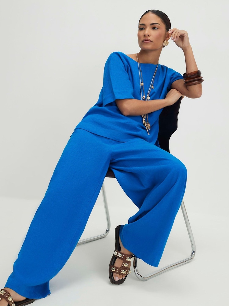 River Island Blue Petite Linen Blend Wide Leg Trousers - Image 1 of 4 River Island Blue Petite Linen Blend Wide Leg Trousers - Image 1 of 4