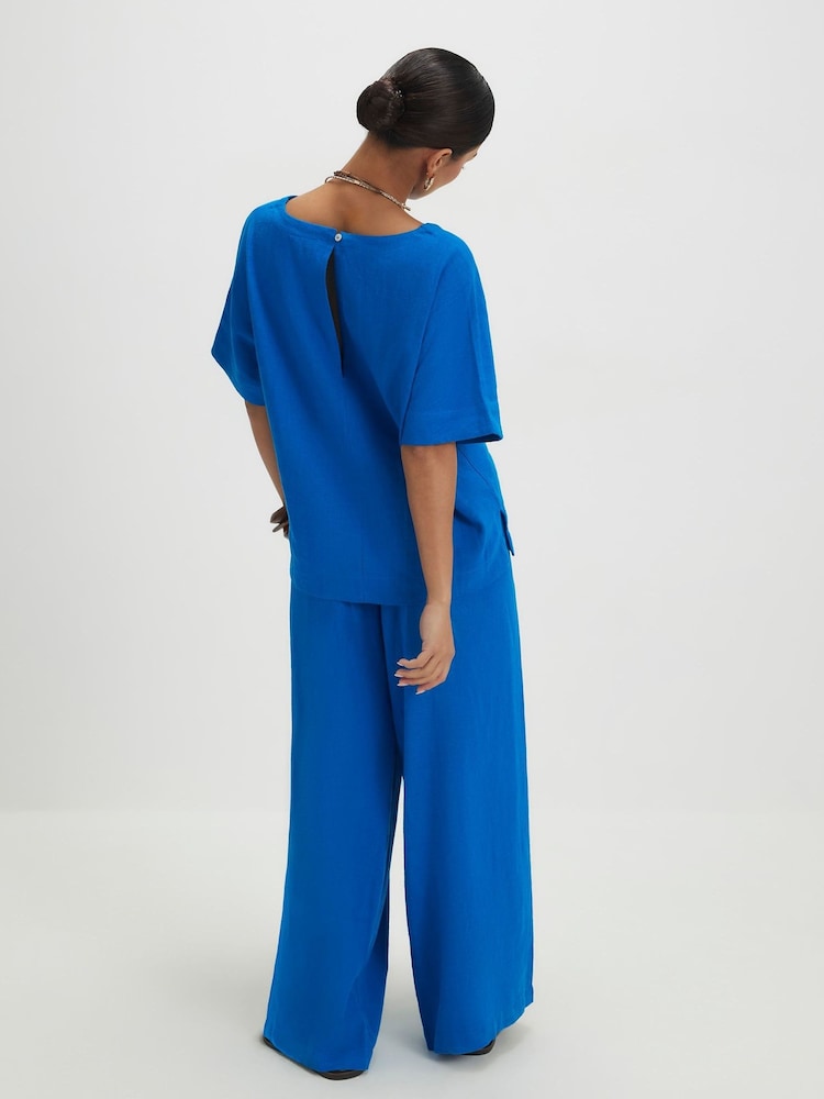 River Island Blue Petite Linen Blend Wide Leg Trousers - Image 2 of 4 River Island Blue Petite Linen Blend Wide Leg Trousers - Image 2 of 4