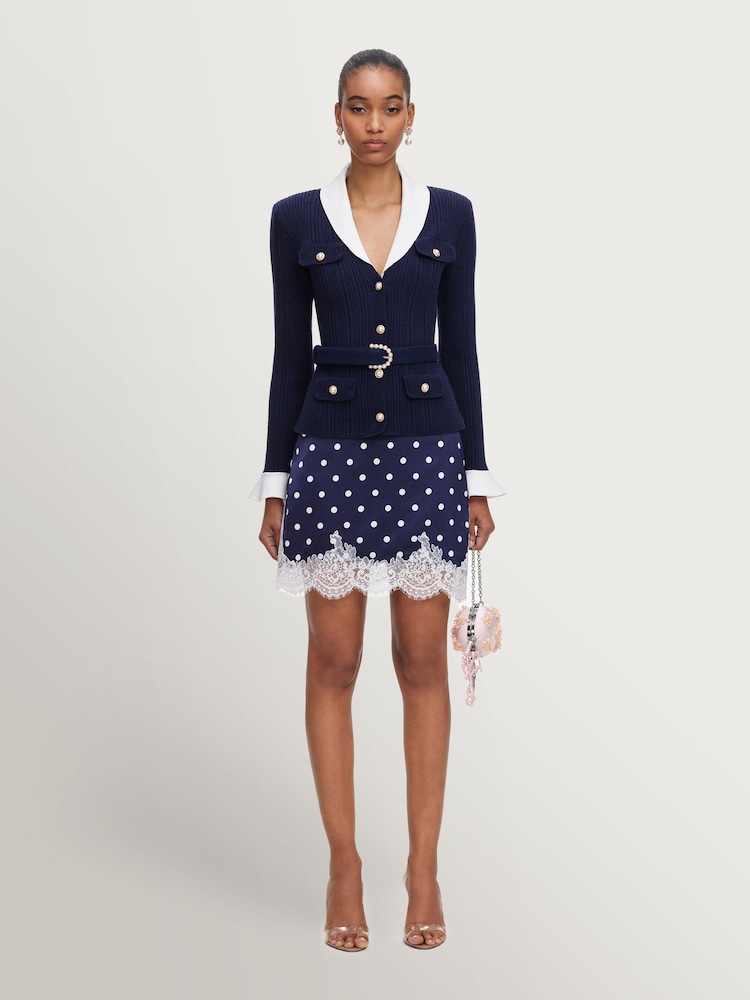 Self-Portrait Blue Navy Ribbed Knit Cardigan - Image 1 of 5 Self-Portrait Blue Navy Ribbed Knit Cardigan - Image 1 of 5