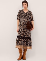 Monsoon Black Thalia Palm Print Jersey Midi Dress - Image 1 of 5