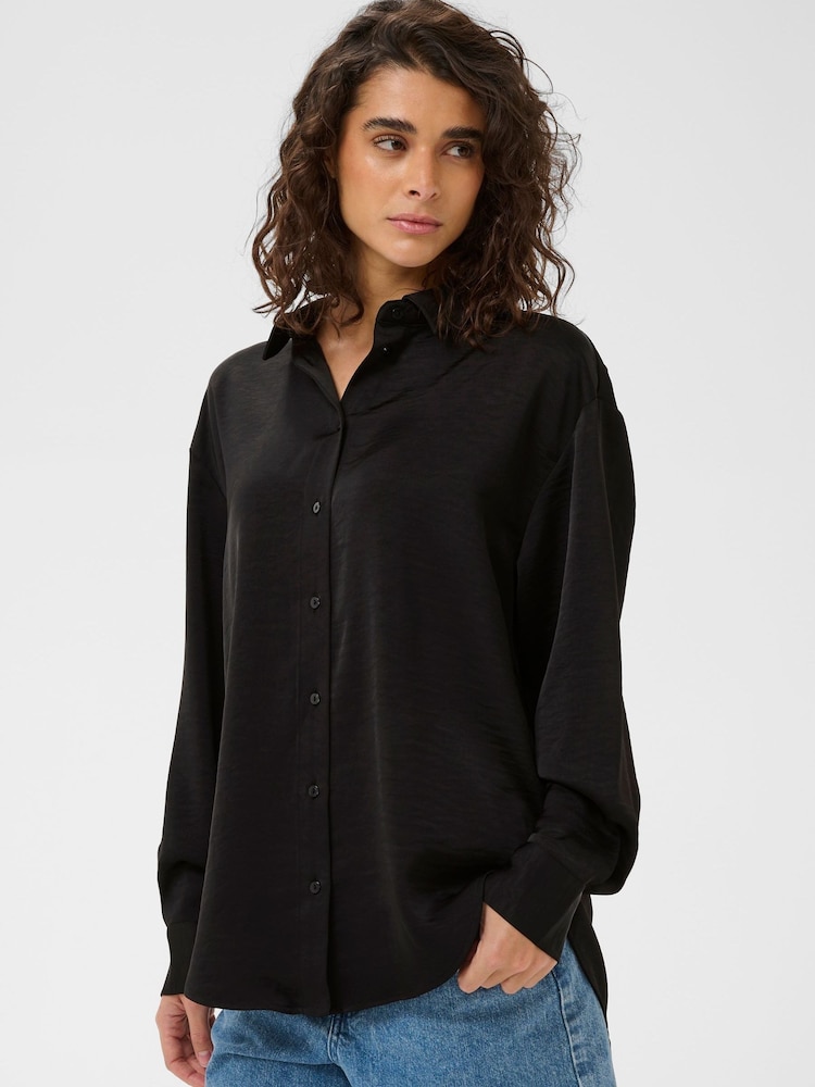 Kaffe Black Karory Satin Drape Relaxed Shirt - Image 1 of 6