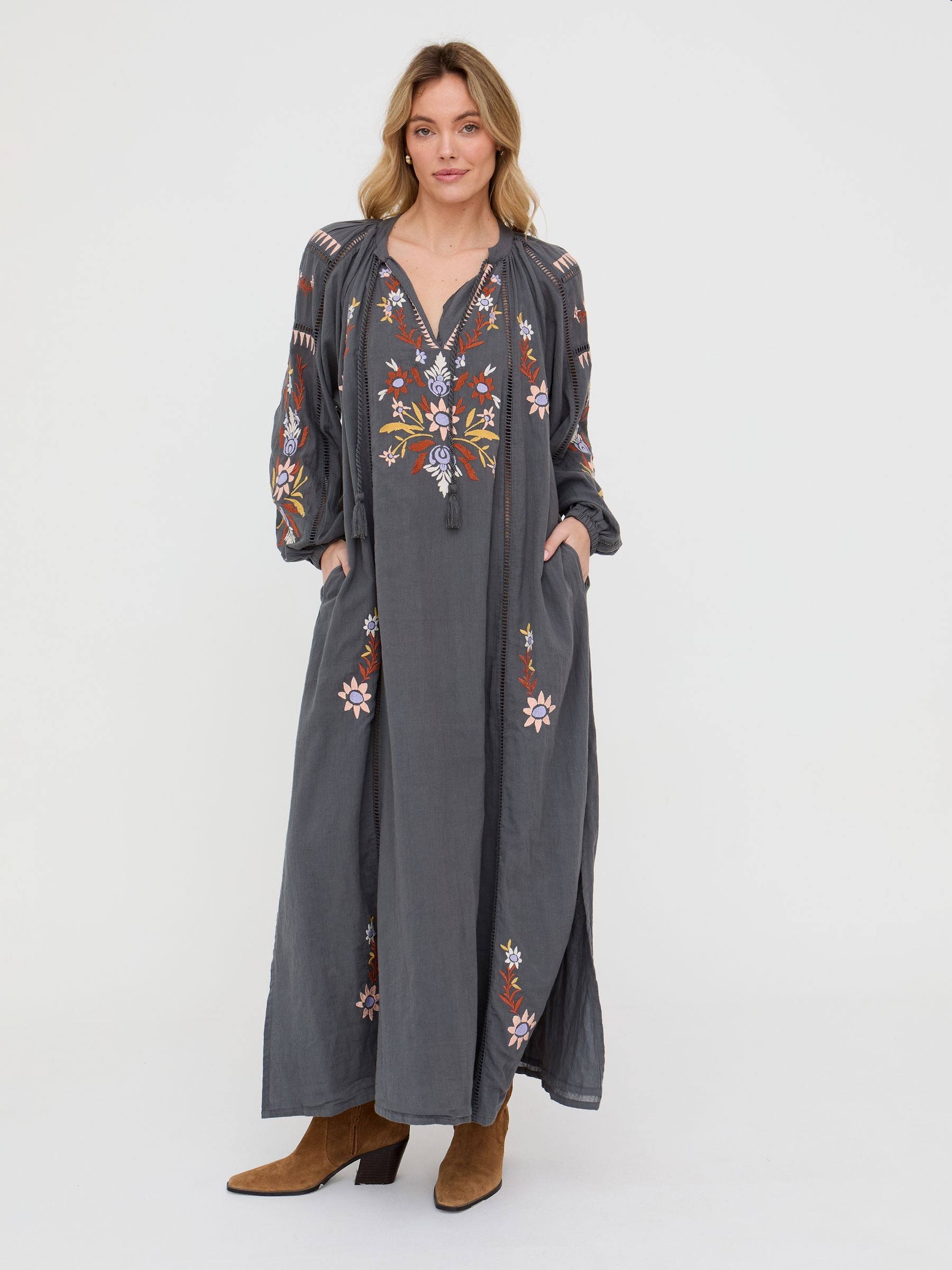 Buy Raffya Grey Elisa Kaftan Style Embroidered Maxi Dress from