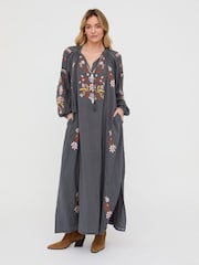 Raffya Grey Elisa Kaftan Style Embroidered Maxi Dress - Image 1 of 5