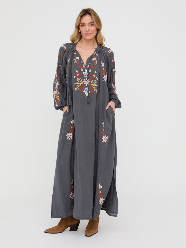 Raffya Grey Elisa Kaftan Style Embroidered Maxi Dress - Image 1 of 5