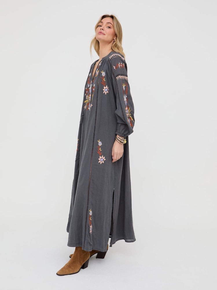 Raffya Grey Elisa Kaftan Style Embroidered Maxi Dress - Image 5 of 5