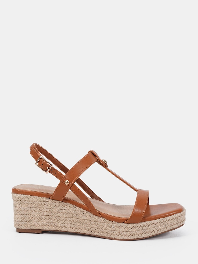 Novo Brown Wide Fit Bridie Low Wedge T Bar Espadrille Sandals - Image 2 of 6 Novo Brown Wide Fit Bridie Low Wedge T Bar Espadrille Sandals - Image 2 of 6