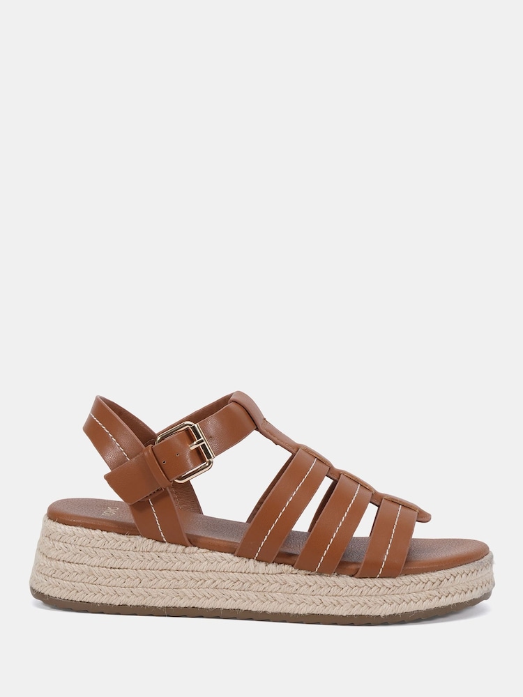 Novo Brown Wide Fit Tallie Espadrille Gladiator T Bar Sandals - Image 2 of 6 Novo Brown Wide Fit Tallie Espadrille Gladiator T Bar Sandals - Image 2 of 6