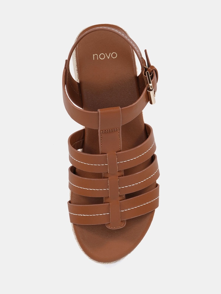 Novo Brown Wide Fit Tallie Espadrille Gladiator T Bar Sandals - Image 6 of 6 Novo Brown Wide Fit Tallie Espadrille Gladiator T Bar Sandals - Image 6 of 6