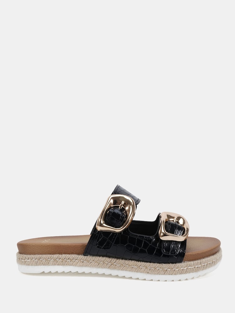 Novo Black Wide Fit Taylor Buckle Detail Espadrille Mule Sandals - Image 2 of 6