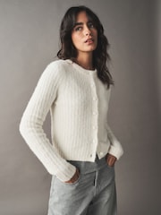 écru - Boucle Long Sleeve Slim Fit Cardigan with Wool - Image 3 de 9