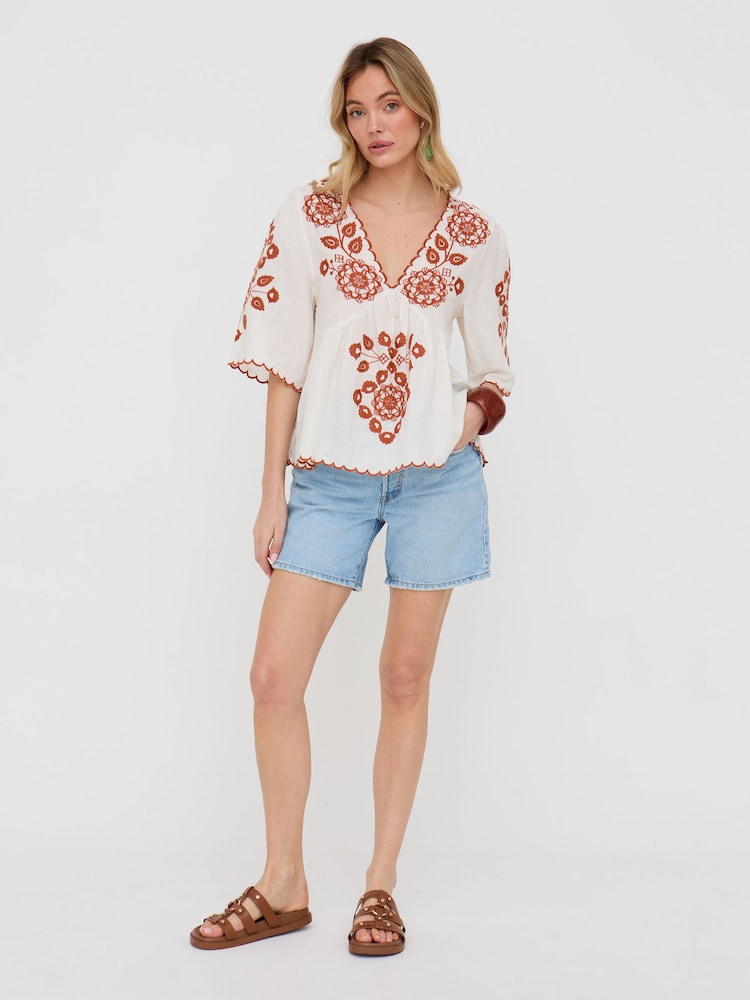 Raffya Cream Aubrey V-Neck Embroidered Blouse - Image 1 of 5 Raffya Cream Aubrey V-Neck Embroidered Blouse - Image 1 of 5