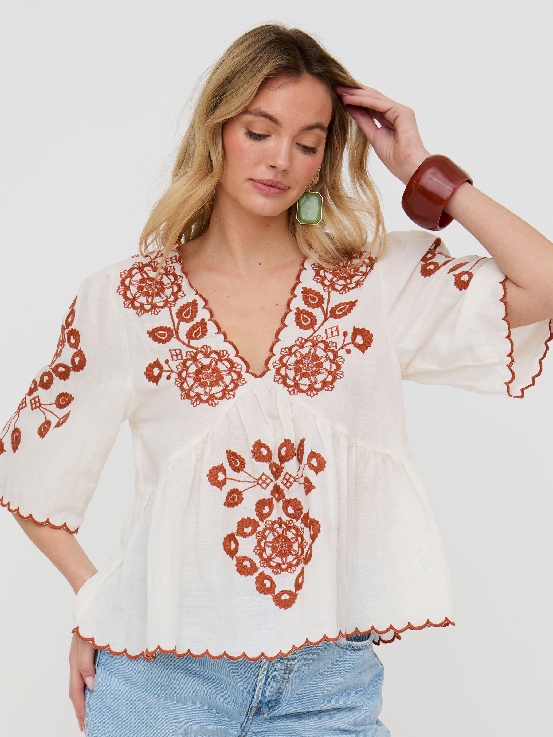 Buy Raffya Cream Aubrey V-Neck Embroidered Blouse from Next USA