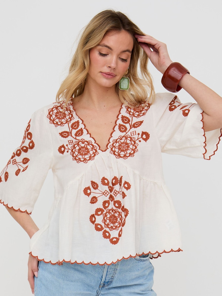 Raffya Cream Aubrey V-Neck Embroidered Blouse - Image 2 of 5 Raffya Cream Aubrey V-Neck Embroidered Blouse - Image 2 of 5