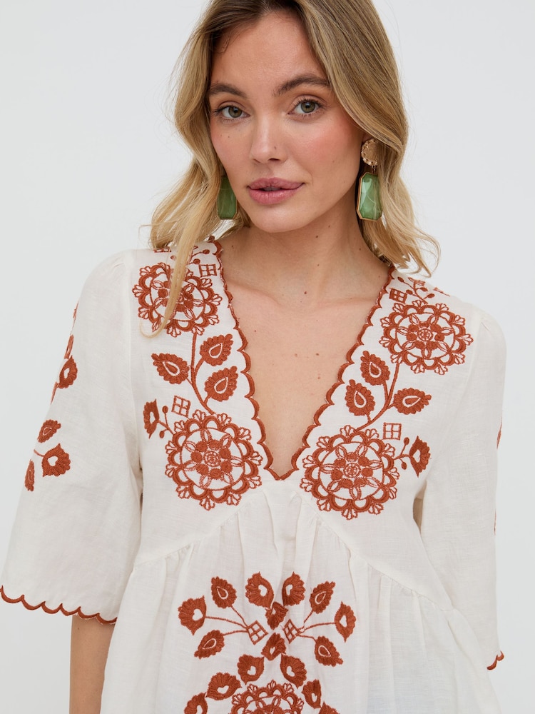 Raffya Cream Aubrey V-Neck Embroidered Blouse - Image 5 of 5 Raffya Cream Aubrey V-Neck Embroidered Blouse - Image 5 of 5