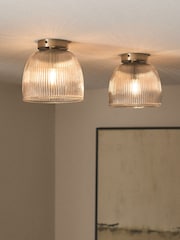 The Set 2 Pack Brass Ribbed Glass Round Flush Ceiling Lights - Image 1 of 6
