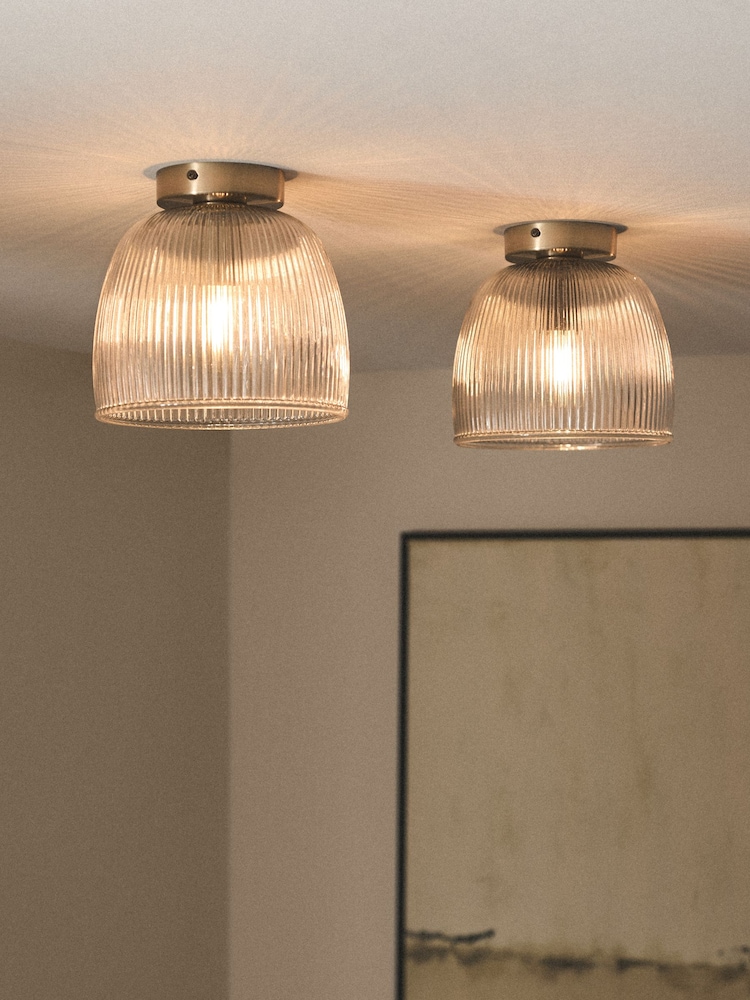 The Set 2 Pack Brass Ribbed Glass Round Flush Ceiling Lights - Image 1 of 6