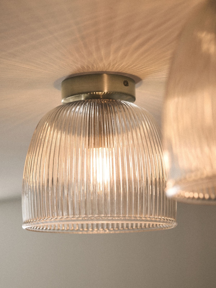 The Set 2 Pack Brass Ribbed Glass Round Flush Ceiling Lights - Image 2 of 6