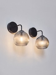 The Set 2 Pack Black Rechargeable Ribbed Glass Round Wall Lights - Image 3 of 7