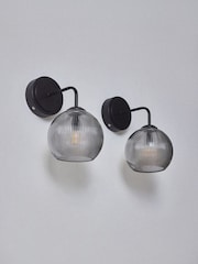 The Set 2 Pack Black Rechargeable Ribbed Glass Round Wall Lights - Image 4 of 7