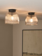 The Set 2 Pack Black Ribbed Glass Round Flush Ceiling Lights - Image 1 of 8
