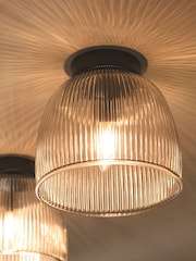 The Set 2 Pack Black Ribbed Glass Round Flush Ceiling Lights - Image 2 of 8
