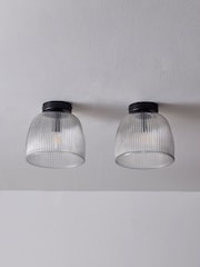 The Set 2 Pack Black Ribbed Glass Round Flush Ceiling Lights - Image 4 of 8