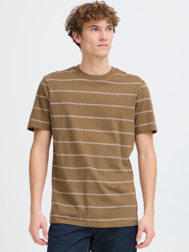 Casual Friday Brown Cflie Crew Neck Striped Slub T-Shirt - Image 1 of 8 Casual Friday Brown Cflie Crew Neck Striped Slub T-Shirt - Image 1 of 8