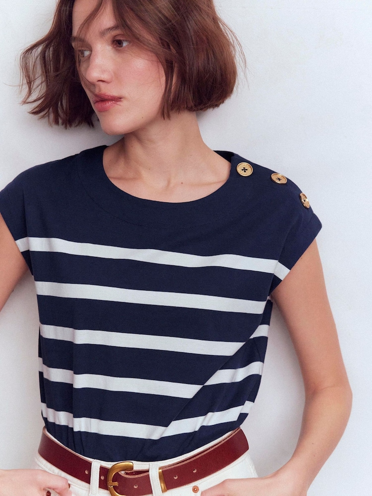 Boden Blue Button Detail T-Shirt - Image 1 of 5