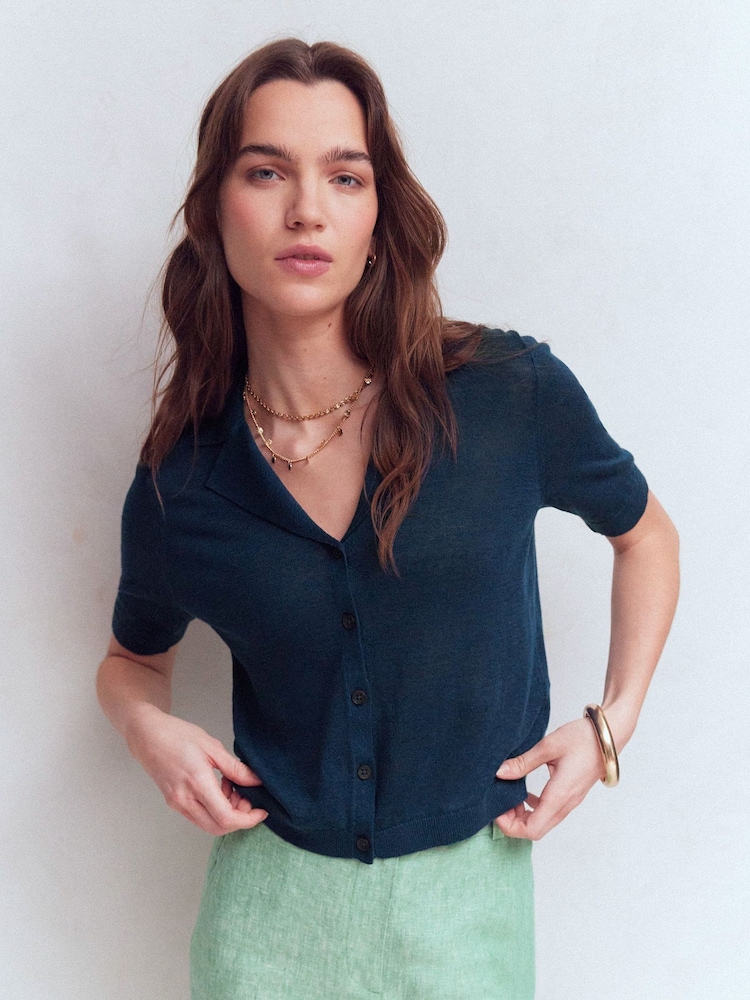 Boden Blue Agnes Collar Linen Cardigan - Image 1 of 6