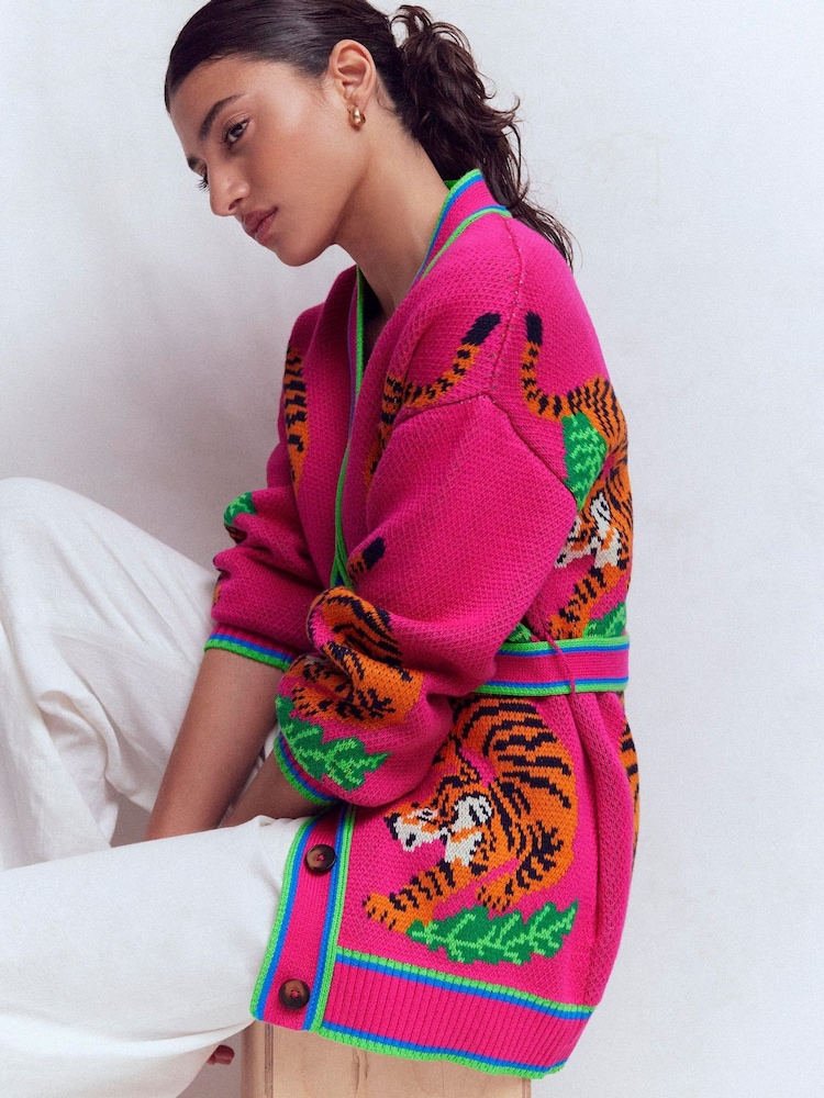 Boden Pink Jacquard Belted Cardigan - Image 1 of 8