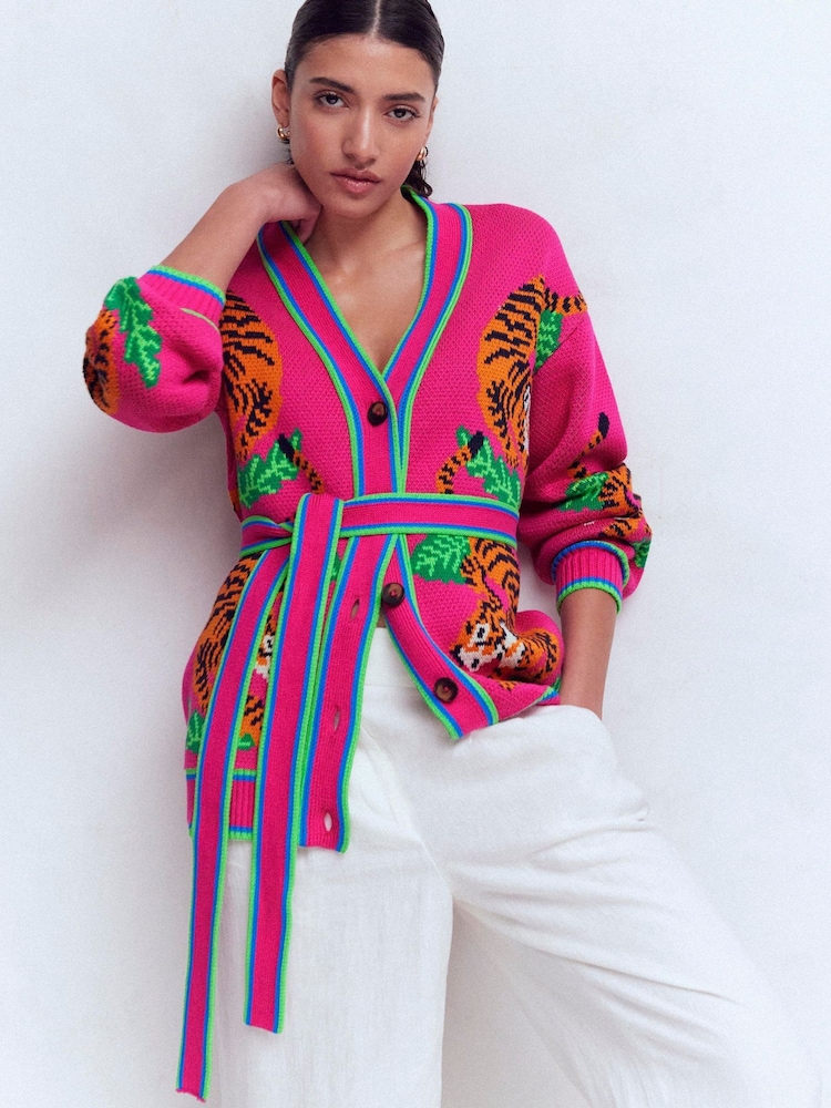 Boden Pink Jacquard Belted Cardigan - Image 2 of 8