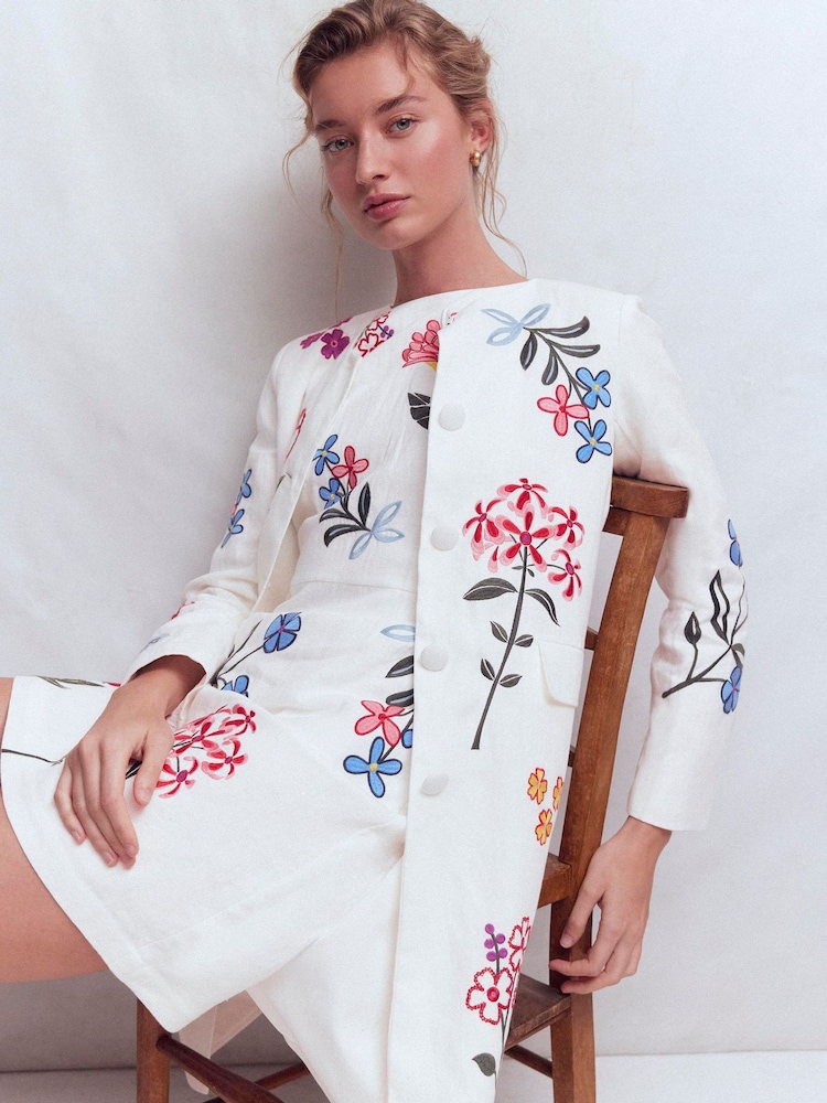 Boden Cream Embroidered Longline Coat - Image 1 of 7
