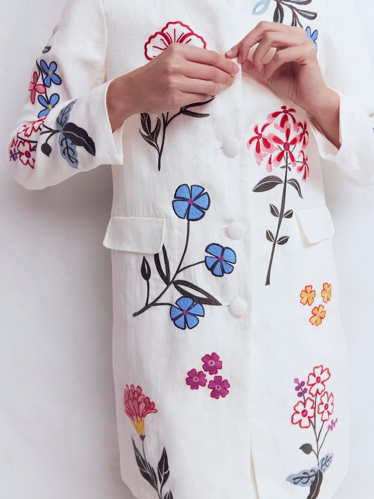 Boden Cream Embroidered Longline Coat - Image 2 of 7